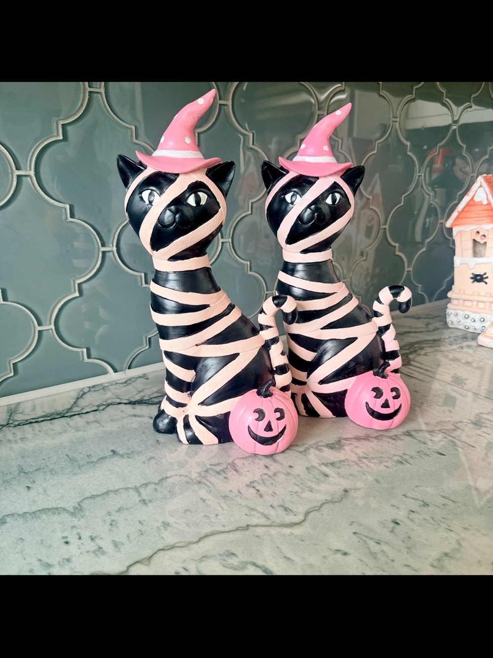 Pink Mummy Cat Halloween Figurine Pair - Festive Home Decor